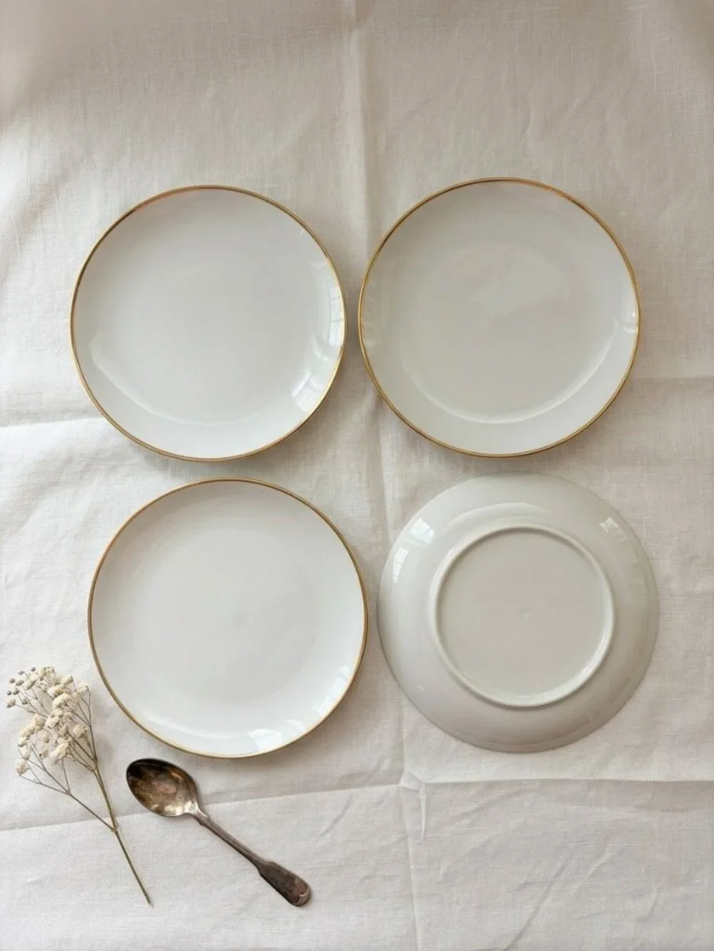 Set of 4 White Porcelain Saucers with Gold Rim 6.25” Cottagecore MCM Minimalist